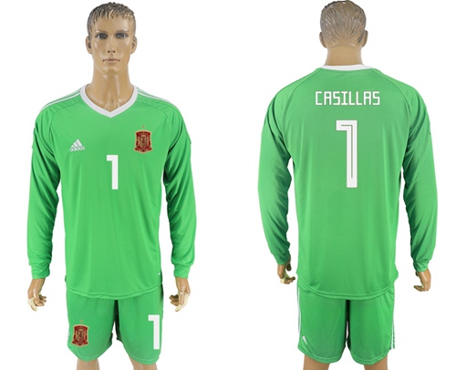 Spain #1 Casillas Green Long Sleeves Goalkeeper Soccer Country Jersey - Click Image to Close